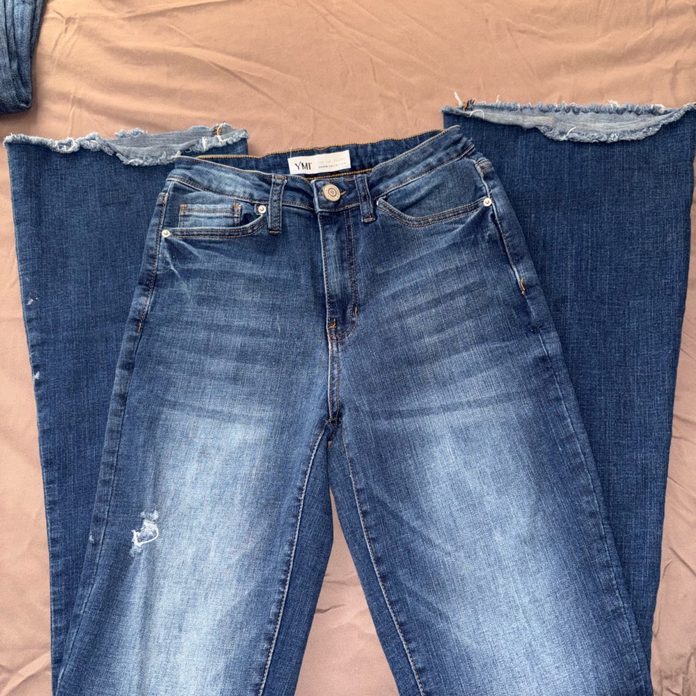 YMI Women's Blue Wide-Leg Distressed Raw-Hem Jeans